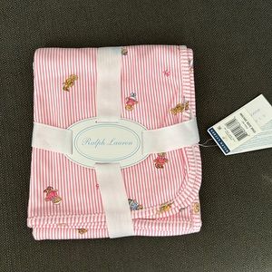 Ralph Lauren Baby Blanket NWT. Pink Strips w/ Bears on one side. White on other.